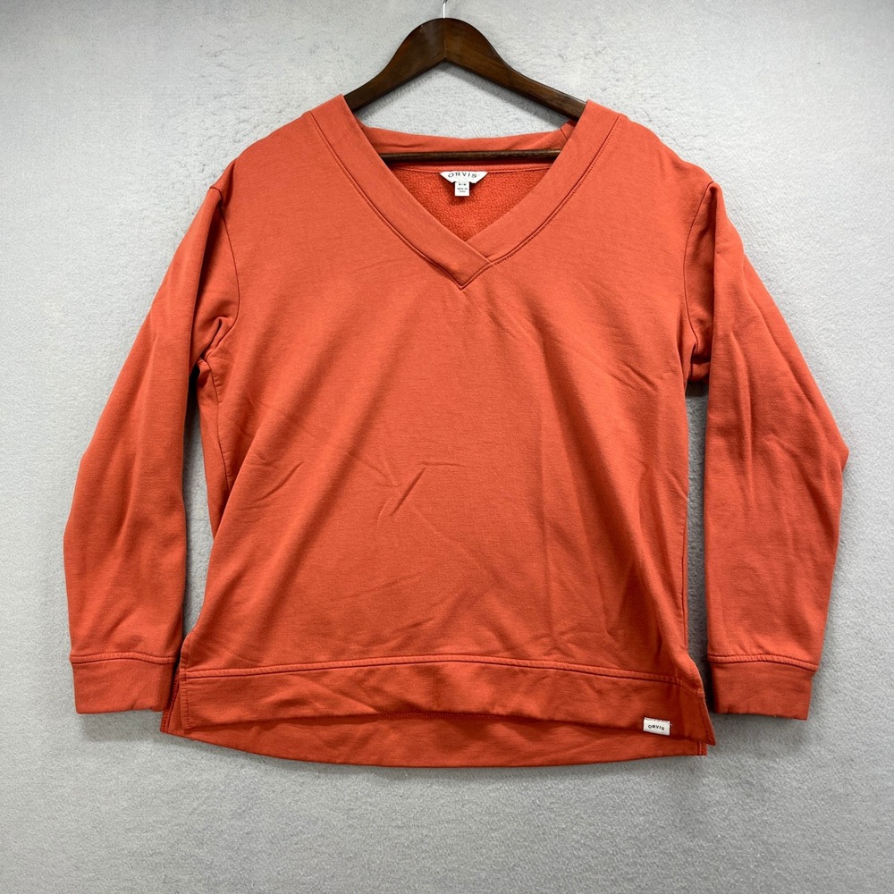 Orvis Pullover Sweatshirt Womens M Orange Modal Blend V-Neck Casual Outdoor